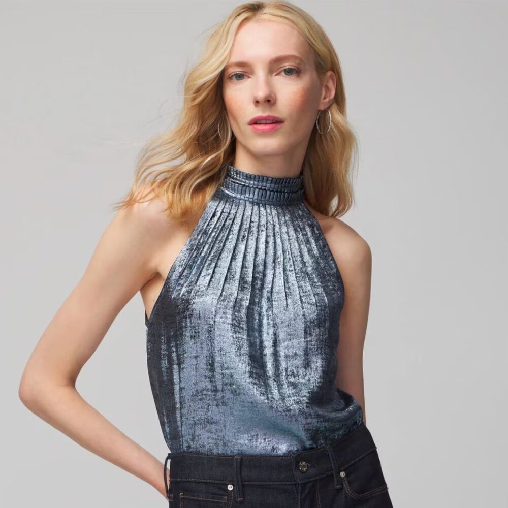 WHBM Halter Pleated Shell Top Blue Metallic 0